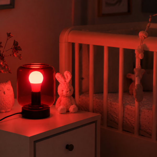 lampka Aura z czerwoną żarówką w pokoju dziecka