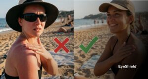 kobieta w okularach przeciwsłonecznych i kobieta bez okularów przeciwsłonecznych na plaży w pełnym słońcu