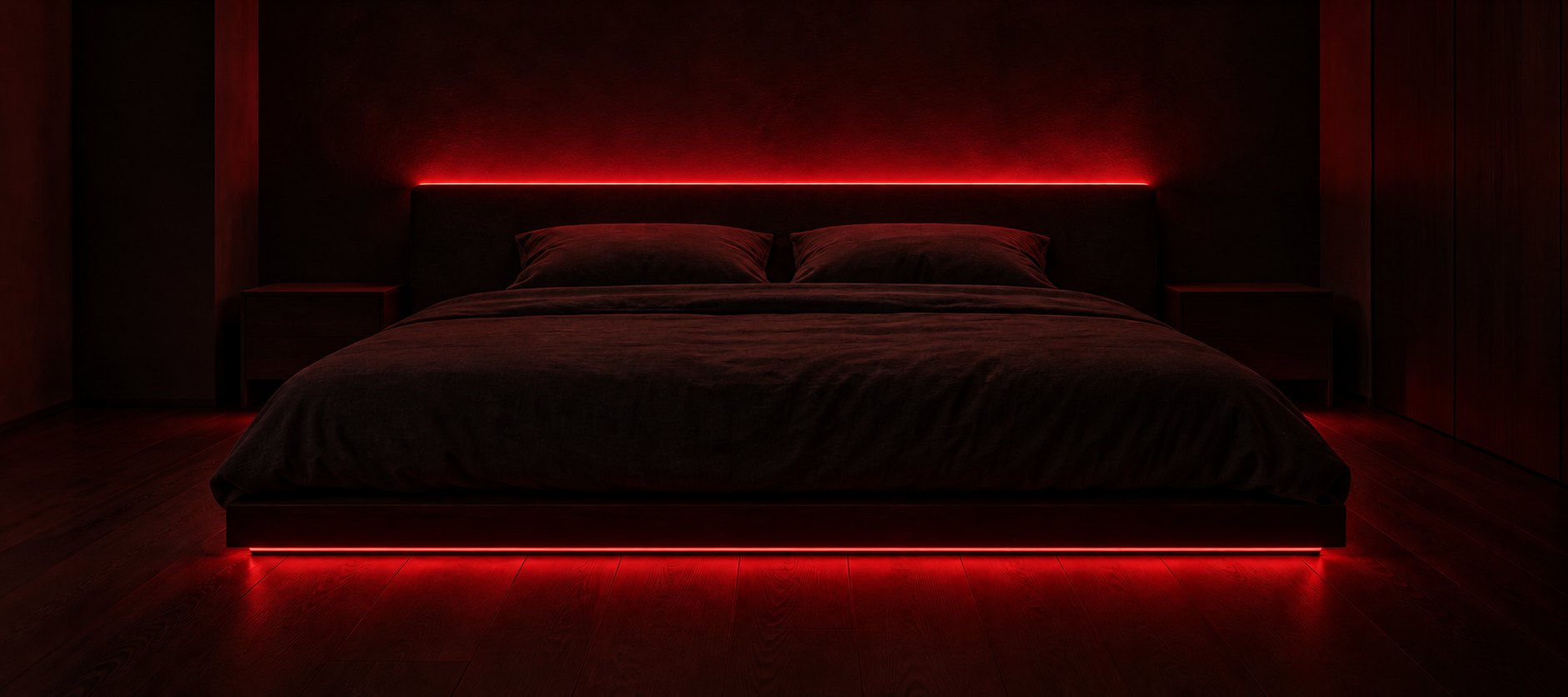 Sypialnia z taśmą LED pod łóżkiem i za zagłówkiem